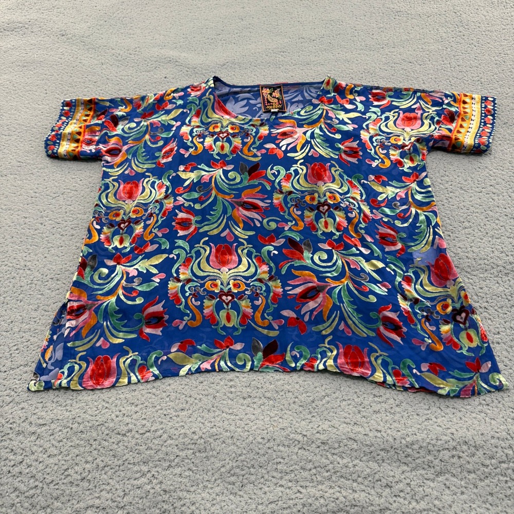 Johnny Was Blue Burnout Velvet Floral Paisley Tunic Top Womens Small